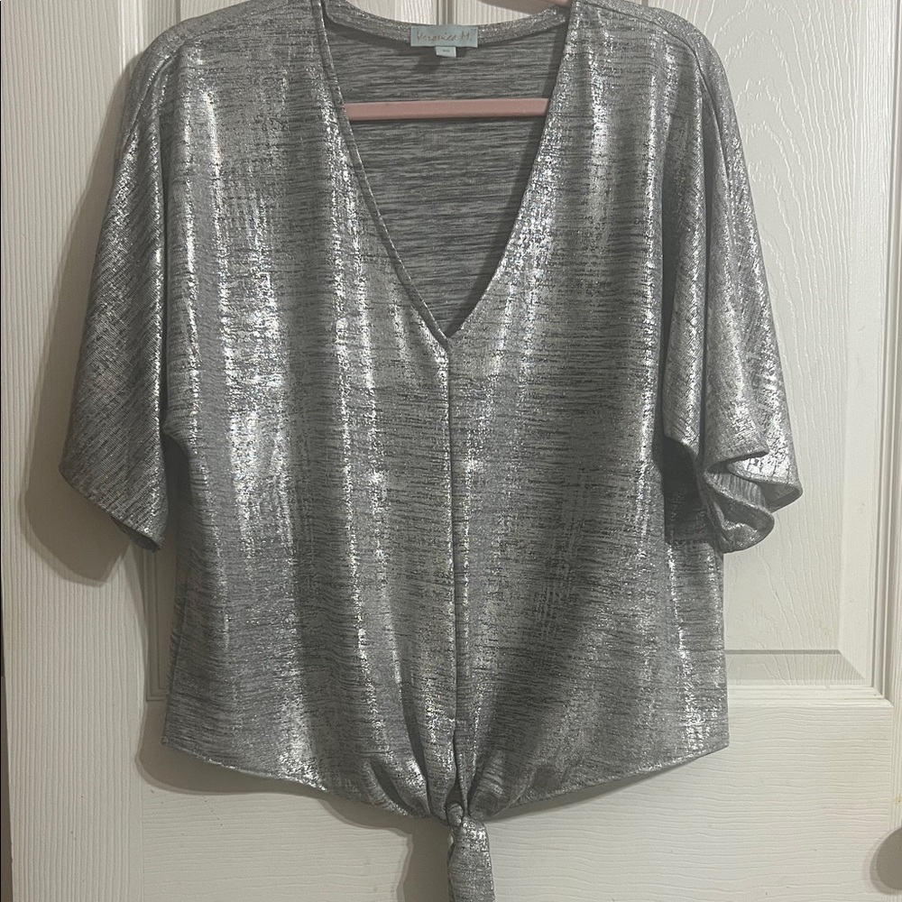 Forever 21 Shimmering Silver Tie-Front Blouse